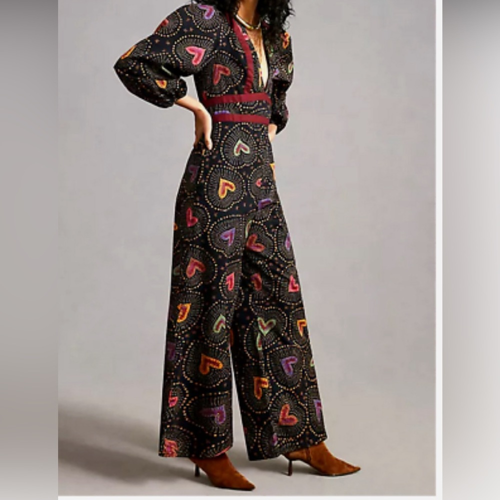 Farm Rio x Anthropologie Deep-V hearts printed jumpsuit NWT
